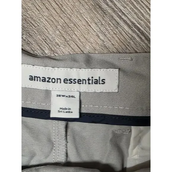 Amazon Essentials Mens Pants 38x34 Light Gray Chino Flat Front Straight Leg - Picture 2 of 5